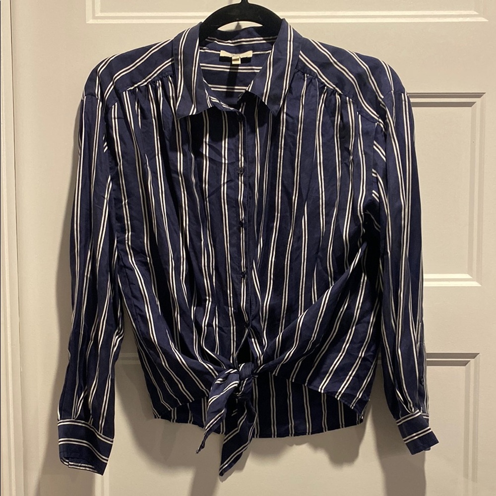 Joie Blue and White Casual Button Down Shirt with Tie Detail